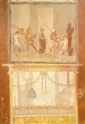 Fresco met ontmoeting van Priamus, Menelaüs en Helena en Arisace die Cassandra achtervolgt, uit het Huis van Menander, Pompeii, Campania, Romeinse beschaving