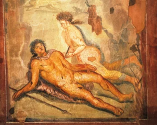 Fresco met de mythe van Pyramus en Thisbe, Huis van Loreio Tiburtino, Pompeii, Campania, Romeinse Beschaving
