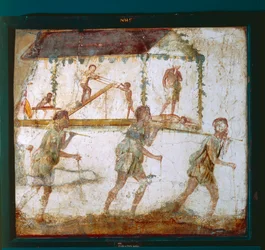 Fresco die een processie van timmerlieden afbeeldt, Timmermanswerkplaats in Pompeii