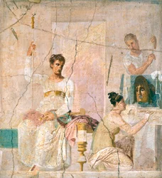 Fresco met afbeelding van theaterscène, uit Basiliek van Herculaneum (UNESCO Werelderfgoedlijst)