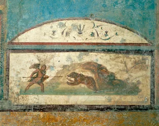 Fresco met jachtscène, uit Huis van Oude Jacht, Pompeii, Campania, Romeinse beschaving
