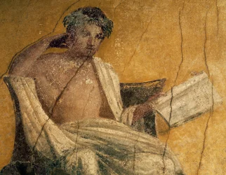 Griekse toneelschrijver Menander, detail van fresco, peristilium van Huis van Menander, Pompeii, Campania, Italië, Romeinse beschaving