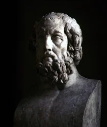 Denkbeeldig portret van de blinde Homerus. Reproductie van de Hellenistische periode van een buste uit de 2e eeuw v.Chr. Musée du Louvre Parijs