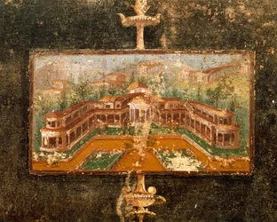 Landschap en architectuur in muurschildering in tablinum, 3e Pompeiaanse stijl, Huis van Marco Lucrezio Fronto, uit Pompeii, Campania, Italië