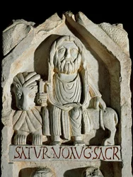 Laat-Romeinse kunst: stele gewijd aan Saturnus Augustus. Rome, Museo della Civilta Romana