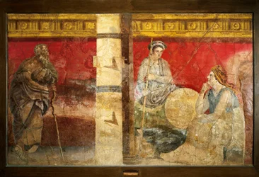 De koninklijke familie van Macedonië en een filosoof. Fresco, 325 x 199 cm. Uit Boscoreale, bij Napels. Nationaal Archeologisch Museum, Napels