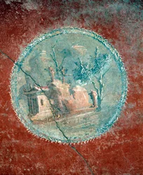Medallion met landschap op gele achtergrond, fresco uit Huis van Menander, Pompeii, Campania, Romeinse beschaving