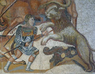 Mozaïek met een scène van een wilde dierenjacht, detail van een gladiator die een wild dier doodt