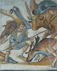 Mozaïek met een scène van een wilde dierenjacht, detail van een gladiator die een dier doodt