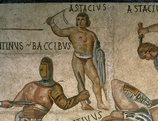 Mozaïek met een scène van vechtende gladiatoren (detail)