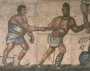 Mozaïek met een scène van vechtende gladiatoren (detail)
