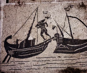 Ostia Antica, mozaïek van de Place des Corporations. Laden van een boot.