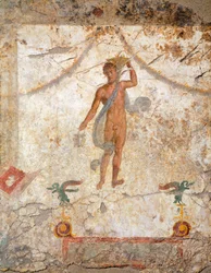 Schilderij in de Vierde Pompeiaanse Stijl met een Genius met een mand en situla