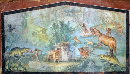 Schildering op pleisterwerk met een Nilotisch tafereel met pygmeeën die krokodillen en nijlpaarden aanvallen, 75x127 cm, uit Pompeii (UNESCO Werelderfgoedlijst)