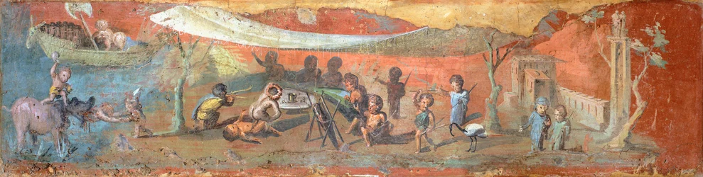 Schildering op pleister met een scène langs de Nijl met pygmeeën, 56x217 cm, uit Pompeii (UNESCO Werelderfgoedlijst)