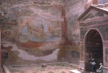 Pompeii, Casa de Diana en amphitrite fontein en muurschildering, Italië (foto)