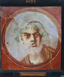 Portret van een oude man (waarschijnlijk een dichter of filosoof) uit Italië, Campania, Pompeii, schilderij op pleister, 55-79 n.Chr.