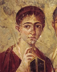 Portret van de bakker Terentius Neo en zijn vrouw in formele kleding, detail van de vrouw met haar stift en geopende diptiek, uit Italië, Campanië, Pompeii, 55-79 n.Chr., schildering op pleisterwerk