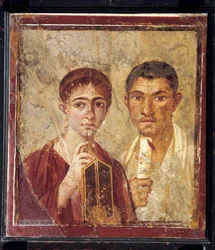 Portret van bakker Terentius Neo en zijn vrouw in formele kleding uit Italië, Campania, Pompeii, 55-79 n.Chr., schildering op pleister