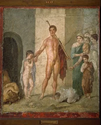 Theseus bevrijdt de zeven jonge mannen uit het doolhof na de overwinning op de Minotaurus. Fresco uit de Villa de Gavius Rufus in Pompeii. Archeologisch Museum van Napels