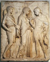 Romeinse kunst: „Orpheus, Eurydice en Hermes”. Marmeren reliëf naar een Grieks origineel. Napels, Museo Archeologico Nazionale