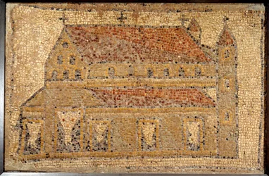 Romeinse kunst: mozaïek van een basiliek weergegeven in perspectief, 2e helft van de 5e eeuw, Nabije Oosten - Parijs, Musée du Louvre - Romeinse kunst: mozaïek van Qabr Hiram nabij Tyrus in Fenicië, uit een vroeg-Byzantijnse (vroege christelijke) kerk gewi