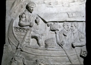 Romeinse kunst: Romeinse soldaten op een schip tijdens de eerste oorlog in Dacië. Mal uit 1862 die de bas-reliëfs van de zuil van Trajanus in Rome reproduceert