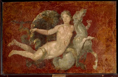 Romeinse kunst: een vrouw op een zeepaard. Fresco uit Stabiae. Napels, Nationaal Archeologisch Museum
