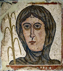 Romeinse kunst: allegorie van de winter als een vrouw met een sluier. Mozaïek uit de 5e eeuw. Uit Quintana del Marco (Leon) Spanje Madrid, Nationaal Archeologisch Museum