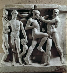 Romeinse kunst: boksscene. Laag reliëf. Museo della civilita romana, Rome