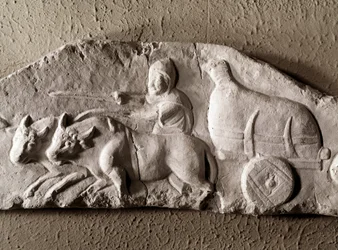 Romeinse kunst: gesneden ossenkar, Romeins Antiquiteitenmuseum, Rome