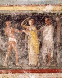 Romeinse kunst: gevechtsscène tussen een man en een vrouw uit het fries van zaal C, Villa Farnesina, Rome, Museo Nazionale Romano