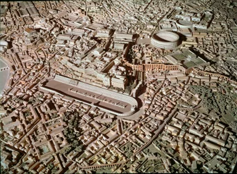 Romeinse kunst: model dat de stad Rome onder de oudheid afbeeldt. In het midden het Circus Maximus of Grote Circus gereserveerd voor wagenrennen. Rome, Museo della Civilta romana - Romeinse kunst. Circus Maximus en Etruskische muren. Detail van het reconst