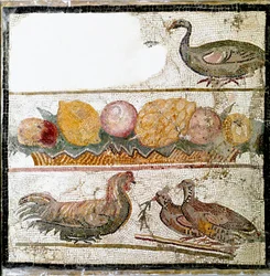 Romeinse kunst: mozaïek met kippen, een gans en pluimvee. Rome, Museo Nazionale Romano