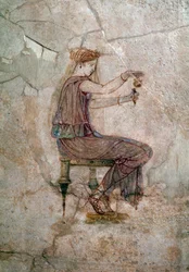 Romeinse kunst: zittende vrouw die parfum in een vaas giet. Muurschildering, 25 n.Chr., uit de Villa della Farnesina, Rome, Palazzo Massimo alle Terme, Museo Nazionale Romano