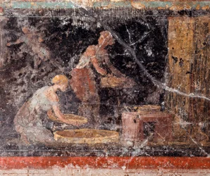 Romeinse kunst: vrouwen die huishoudelijk werk verrichten, uit het fries van zaal C, Villa Farnesina, Rome, Museo Nazionale Romano