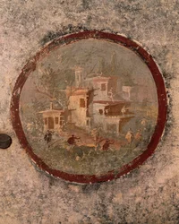 Rond met huizen en gebouwen, detail van fresco uit Huis van de Eeuwfeest, Pompeii, Campania, Romeinse beschaving