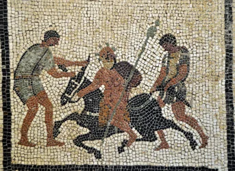 Sileno ebbro: Dronken Silene rijdt op een ezel vastgehouden door twee dienaren. Mozaïek uit Pompei, huis van Paquius Proculus of C. Cuspius Pansa - Archeologisch Museum van Napels, Italië
