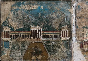 Derde stijl fresco met architectonisch landschap, detail van gebouw omgeven door zuilengalerij, uit Pompei