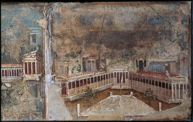 Derde stijl fresco dat architectonisch landschap uitbeeldt, detail van zuilengalerij, uit Pompeii