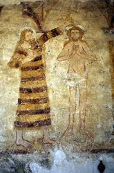 12e-eeuwse muurschilderingen in de Romaanse parochiekerk van Asnieres sur Vegre (Sarthe) die Christus afgebeeld door Sint Jan de Doper tonen