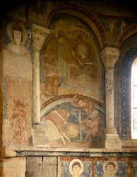 Romaans kunst: schilderij dat het martelaarschap van Sint Laurentius voorstelt. Fresco. Kapel van het Château des Moines, Berze la Ville, Frankrijk