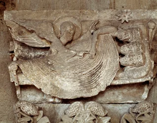 De slapende Wijzen met een engel die hen wekt en naar de ster van Bethlehem wijst (gebeeldhouwd kapiteel)