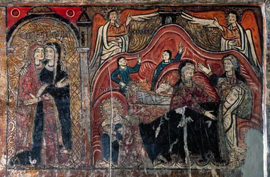 De Visitatie en De Geboorte met de vroedvrouwen Celomi en Salome (detail)