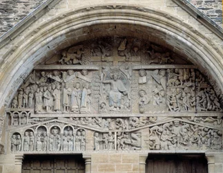 Uitzicht op het timpaan van het laatste oordeel, Christus tussen paradijs en hel (sculptuur)