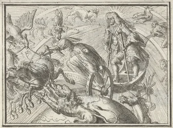 Karikatuur die Lodewijk XIV als Apollo in zijn wagen uitbeeldt, 1701