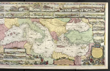 Kaart van de Middellandse Zee met allegorische figuren en zeemonsters die de inlagen verfraaien, uit 
