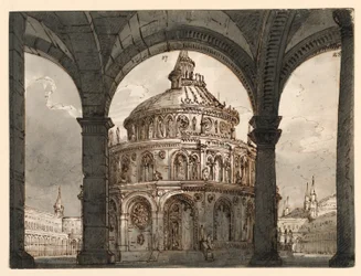Toneelontwerp, atrium met de tempel van de Hospitaalridders voor de opera "La Straniera" van Vincenzo Bellini
