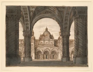 Toneelontwerp, kerkgevel vanuit een loggia, I due Valdomiri door Felice Romani, muziek door Pietro de Winter. Uitgevoerd in La Scala, Milaan, 1818