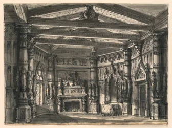 Toneelontwerp, interieur van gotische hal